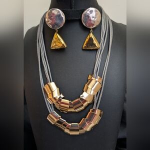 #1.TRENDING! TWO TONE Gold and Silver Geometric Necklace and Earring Set